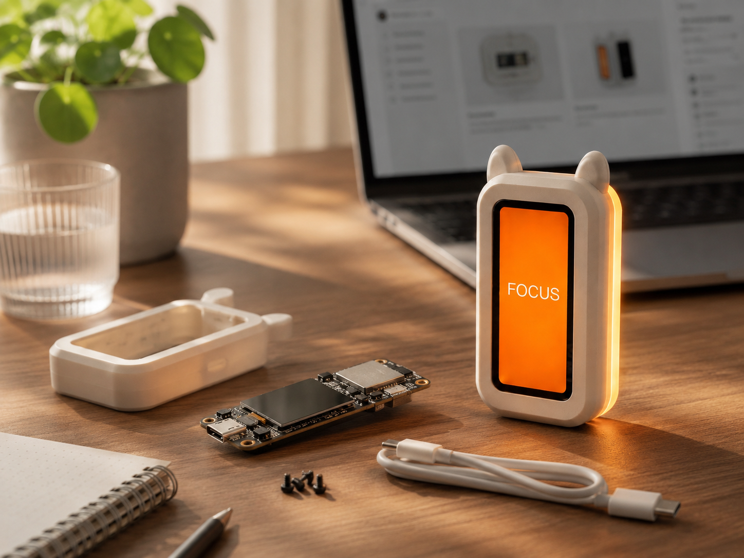 Prototype parts, board, USB-C cable and busy sign on a desk